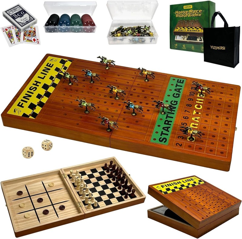 Large 23 inches Horse Race Board Game with Luxury Metal Numbered Horses, 4 in 1