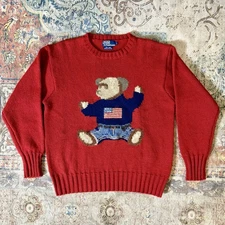 RARE  Vintage 90s Polo Ralph Lauren Bear Sit Down Knit Wool Sweater Size L Red🔥