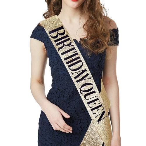 Birthday Queen Sash & Rhinestone Headband Set - Gold Glitter Birthday Sash Bi... - Picture 2 of 6