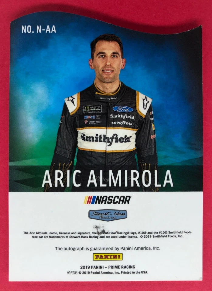 2019 Panini Prime Aric Almirola 05/10 Prime Number Die Cut Signatures Holo Gold - Image 2 of 2