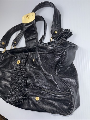 Bill Blass Black Distress Leather Large Bag Ruffle Studded - Picture 2 of 6