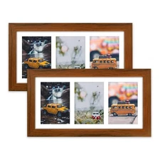 2 Pack 7x14 Brown Photo Solid Wood Collage Frame with Mat for 3 4 x6 Pictures
