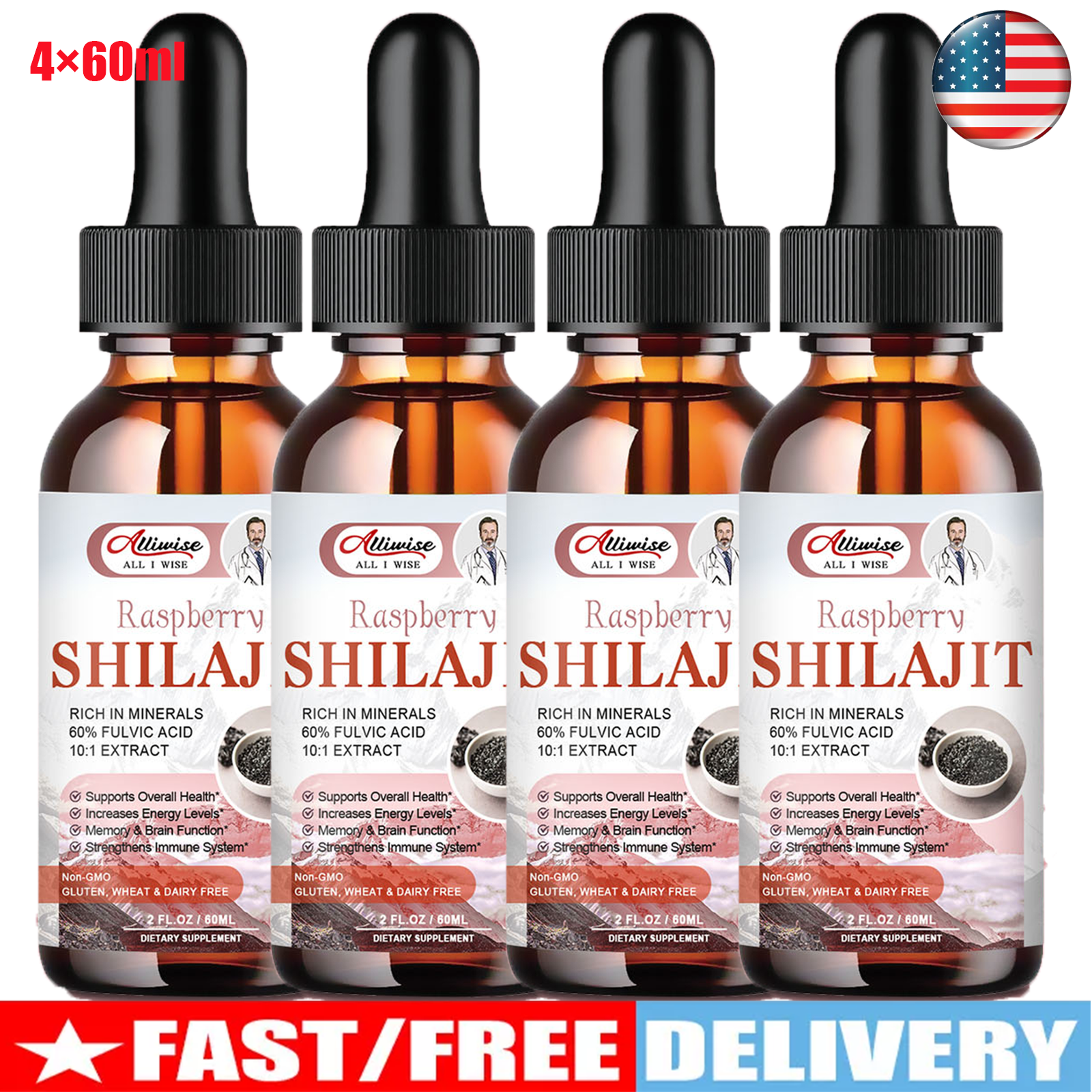 4*60 Shilajit Drops1000mg Shilajit Energy & Immunity Drops &Fulvic Acid