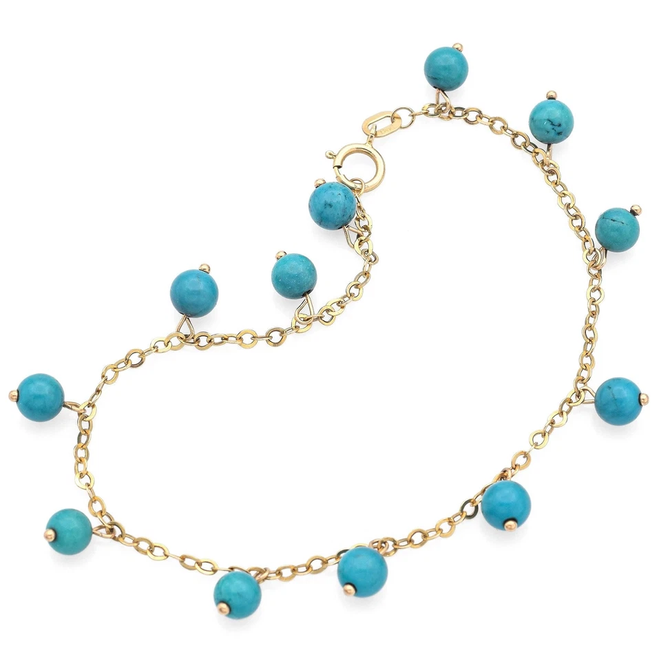Vintage 14K Yellow Gold Turquoise Beaded Dangle Station Chain Bracelet - Image 2 of 4