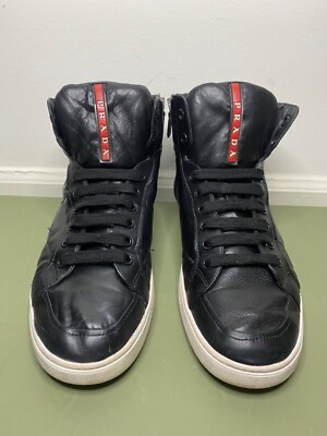 Prada 4T2596 Red Stripe Leather High Top Sneakers in Black | eBay