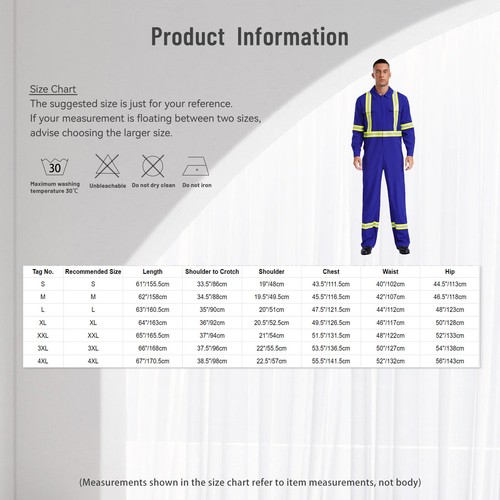 Men's Overalls Blend Bodysuit Reflective Coverall Stripe Jumpsuit Mechanic Duty - Picture 14 of 88