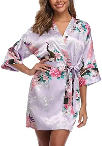Satin Silk Bridesmaid Robe – Elegant Crane Print Kimono - Picture 38 of 108