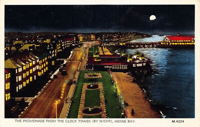 A786 England Promenade from clock tower By Night Herne Bay vintage postcard