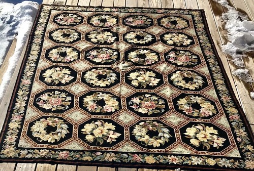FLORAL GEOMETRIC PANEL NADELSPITZE AUBUSSON WOLLE TEPPICH BLUMEN SCHWARZ & ELFENBEIN 6 X 9 - Bild 9 von 12