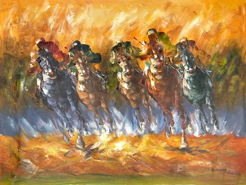 Pintura a óleo original de cavalos e jóqueis por B. Welsh. Danificado. - Imagem 2 de 4