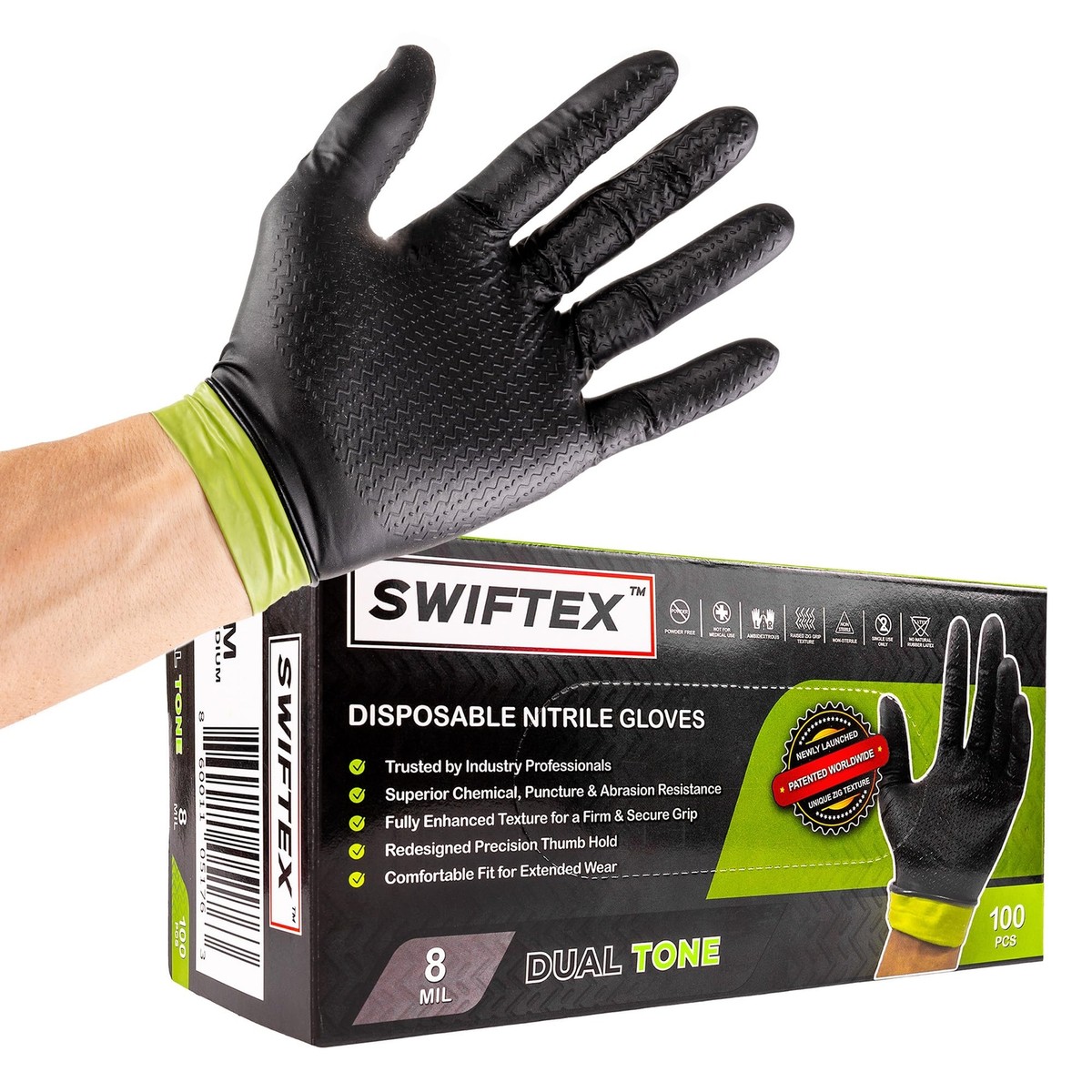 Heavy Duty Nitrile Gloves Dual Tone Black Green Zig Textured