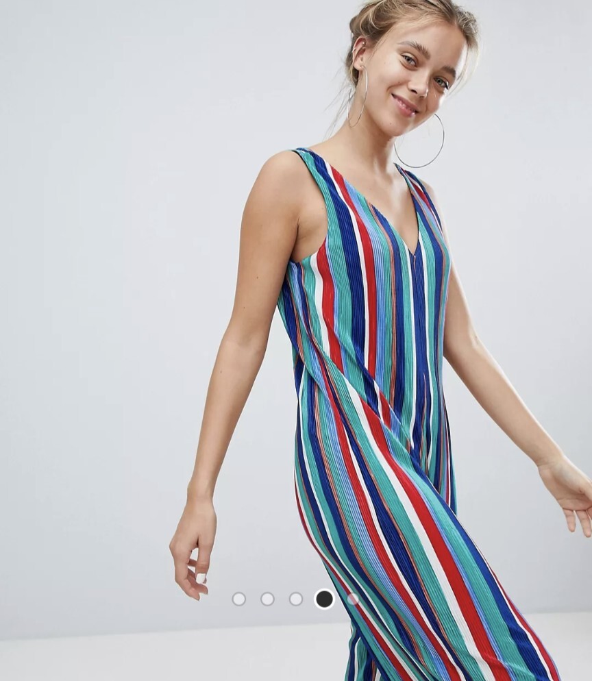 Bershka Multicoloured Striped Plisse Cropped Jumpsuit Sz S 10