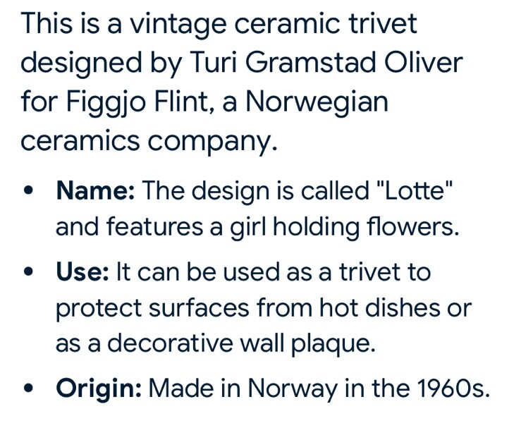 Vintage Figgjo Norway Lotte Turi Design Wall Plaque/Spoon/ Dish Plate | Norway