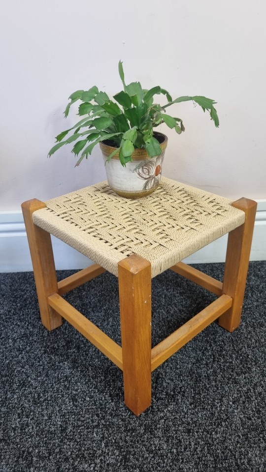 Vintage Mid Century Foot Stool Woven String Top Retro Cream Plant Stand