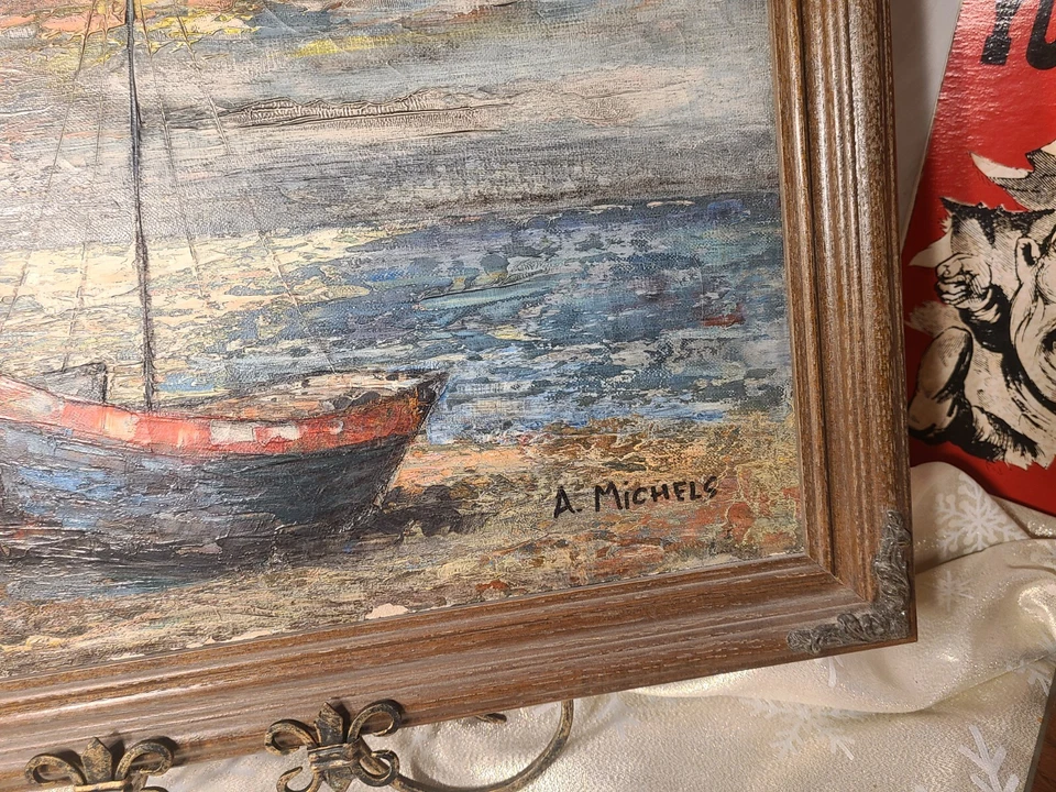 Антикварные Масло на Холсте, Морские, Рыболовные Лодки на Пляже "A. Michels" 1950-е - Изображение 2 из 4
