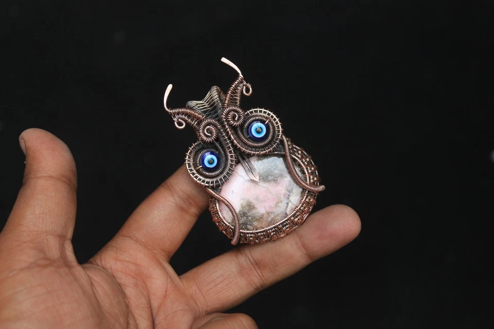 Awesome Owl Pendant Jewelry Gift Rhodochrosite Gemstone Copper Wire Wrap NK720 Foto 2 de 4