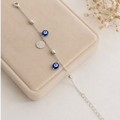 Silver Evil Eye Charm Bracelet Blue White Beaded Protection Jewelry Minimalist