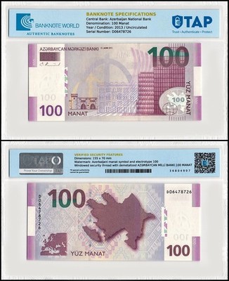 未使用　アゼルバイジャン　高額　100マナト紙幣　P-36 Azerbaijan 100 Manat, 2013, P-36, UNC, TAP Authenticated | eBay