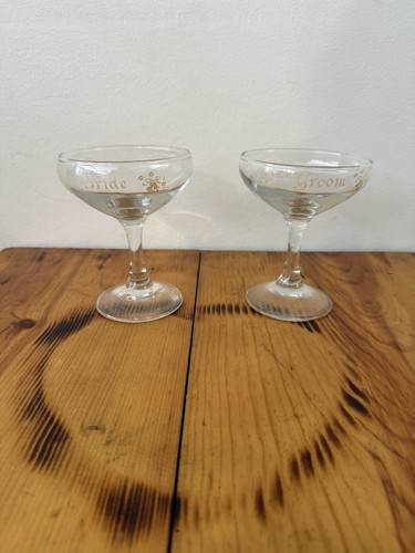 Bride Groom Champagne Coupe Glass Set Wedding Toast Vintage Style Glasses