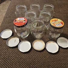8 Empty Glass Barrel Shaped Fruit Jars Lidded 4" 10oz Metal Top Handles