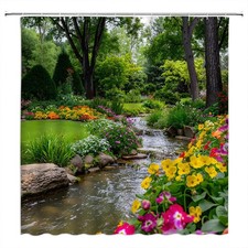 Garden Landscape Shower CurtainGreen Tree Forest Flower Lake Nature Scenery B...