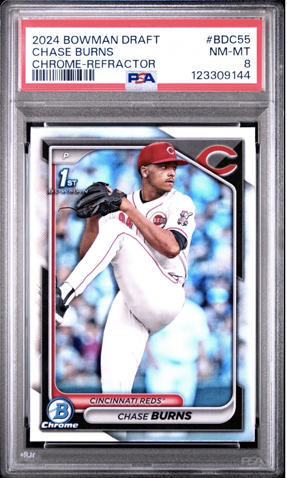 2024 Bowman Draft Chase Burns Chrome Refractor 1st Bowman PSA 8 Reds