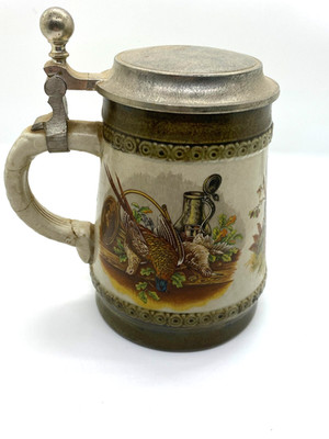 Original German Beer Stein with metal lid M/R Marking with hunting scenes 6''tall