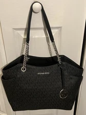 Michael Kors Black Slate Grey Jet Set Large Travel Chain Shoulder Tote Leather