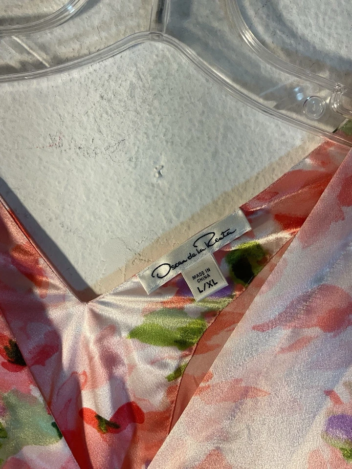 OSCAR DE LA RENTA Ladies Dress L XL Satin Pink Floral Nightgown Maxi Kaftan - Image 4 of 4