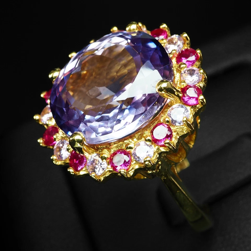 Anelli in argento sterling 925 placcato oro 24 carati con zaffiro viola... - Immagine 3 di 4