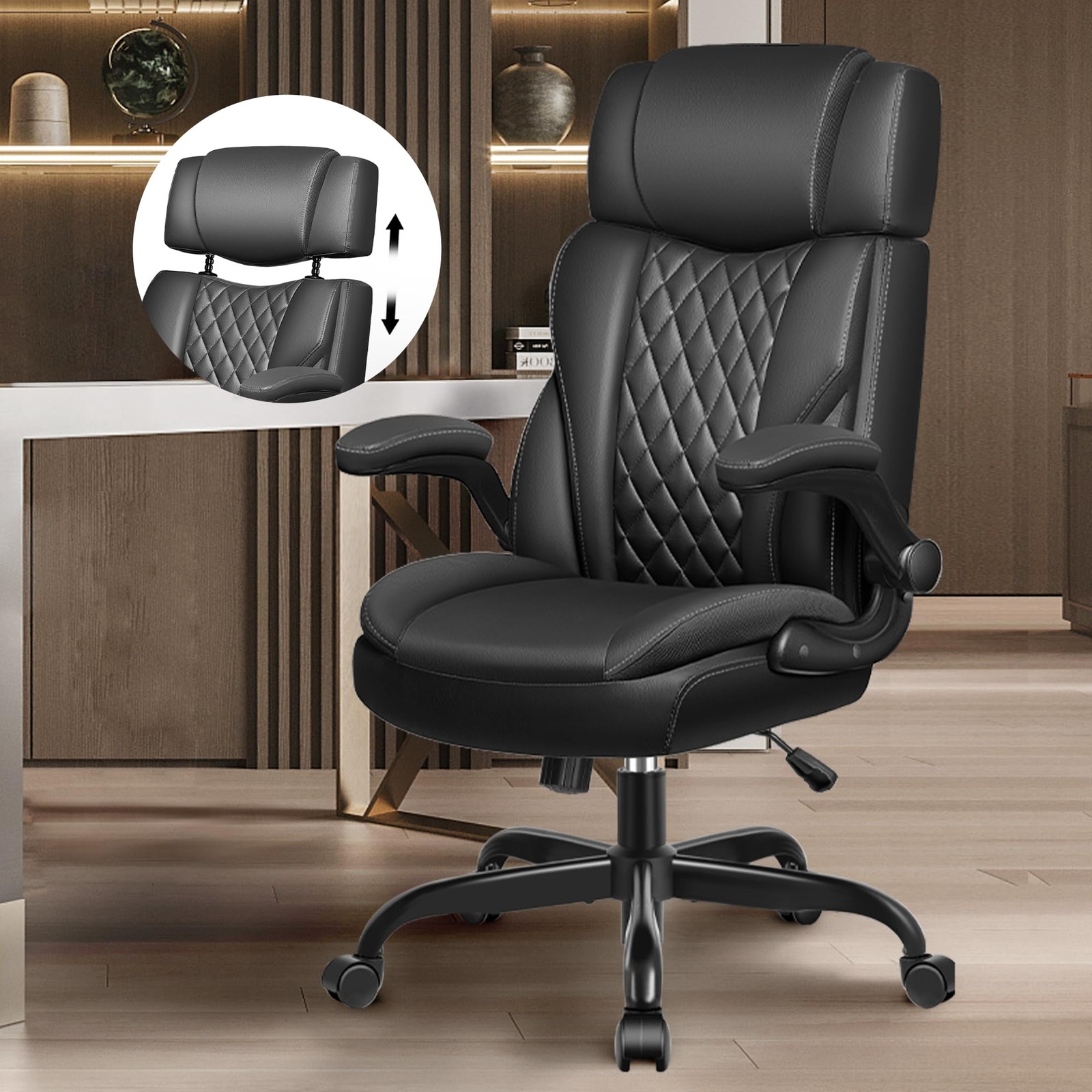 Flip Up Arms Executive Leather Office Chair - Black