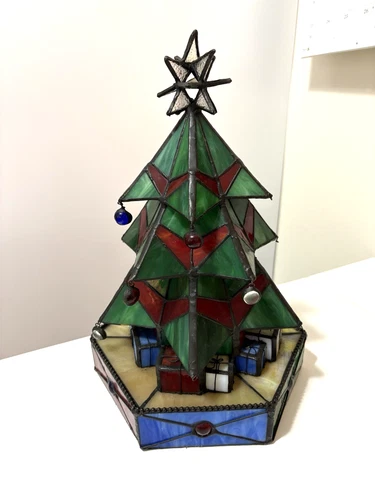 VTG 3-D Tiffany Style Stained Glass Lighted Christmas Tree Lamp 11"x8"