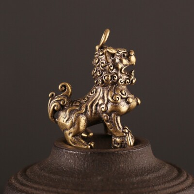 Brass Lion Figurine Key Chain Animal Pendant Antique Ornament Key Ring Miniature