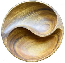 Pacific Merchants Acacia Wood 2-Compartment Yin Yang Bowl, 8" x 8" x 2"