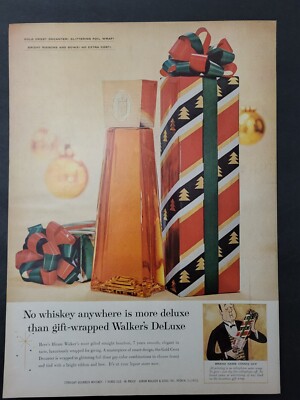Walker's DeLuxe Whiskey-Gold Crest Decanter-Foil Gift Wrap-Xmas-Print Ad 1957