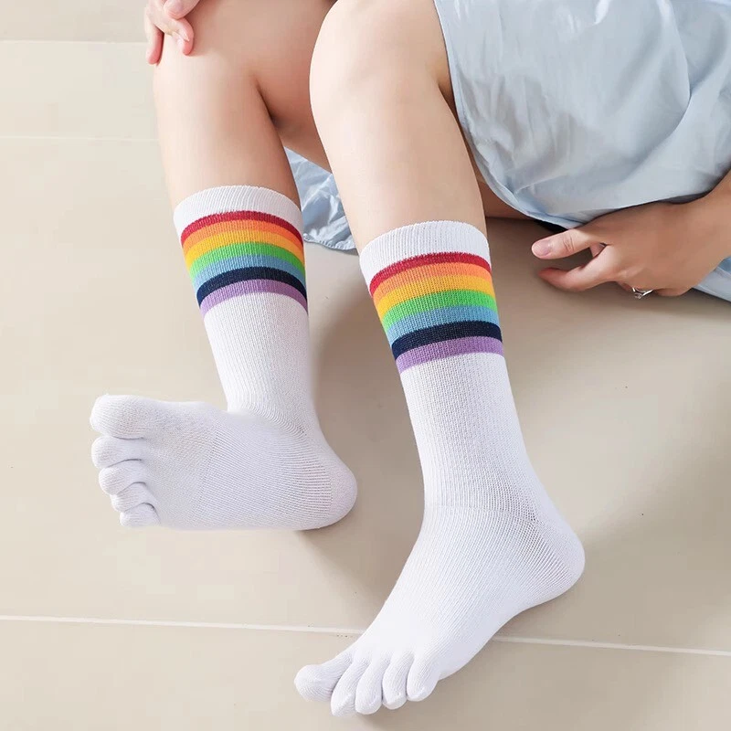 2 Pairs Women Girls Cotton Blend Thick Five Finger Toe Socks Rainbow Stripe Cute - Image 2 of 4