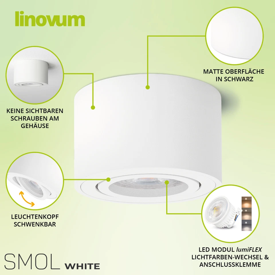 10er Set SMOL Aufbauspot flach schwenkbar weiß inkl. LED Modul warm/neutral/kalt - Bild 3 von 4