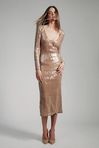 Anthropologie Bardot Verona Long-Sleeve Sequin maxi dress Nude XL NWT $179 msrp - 第 1/12 張圖片