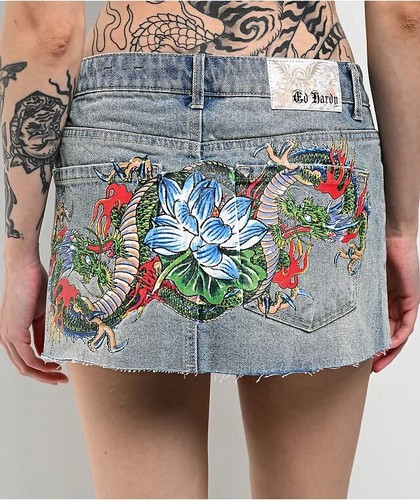 Ed Hardy Denim Mini Skirt Dragon Lotus Size XS Rock Retro Americana - Picture 2 of 9
