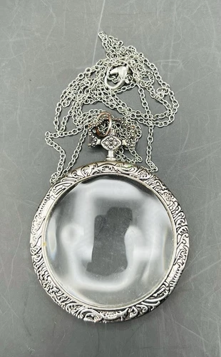 Antique Silver Pocket Watch Turned Magnifying Glass Pendant Necklace 19”