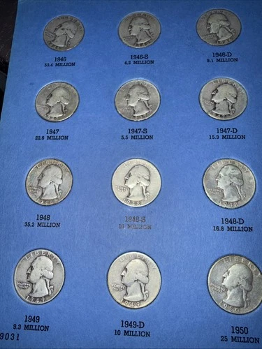 Washington Silver Quarters 1946-1959 32 Coins 90% Silver Book Album #gc