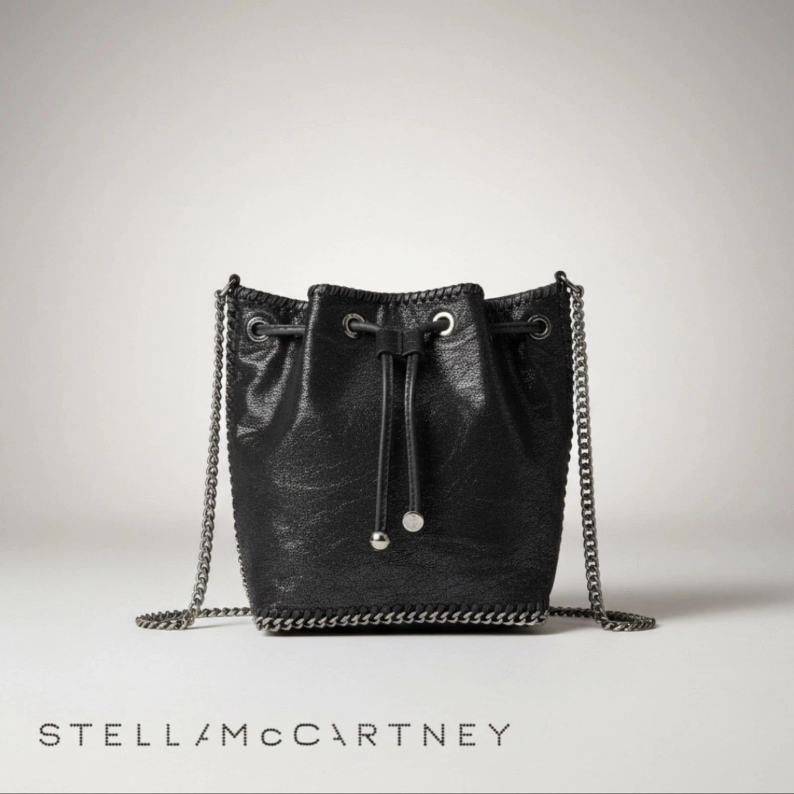 Stella McCartney — Stella McCartney Falabella Black Vegan Leather & Chain Crossbody Bucket Bag VGUC