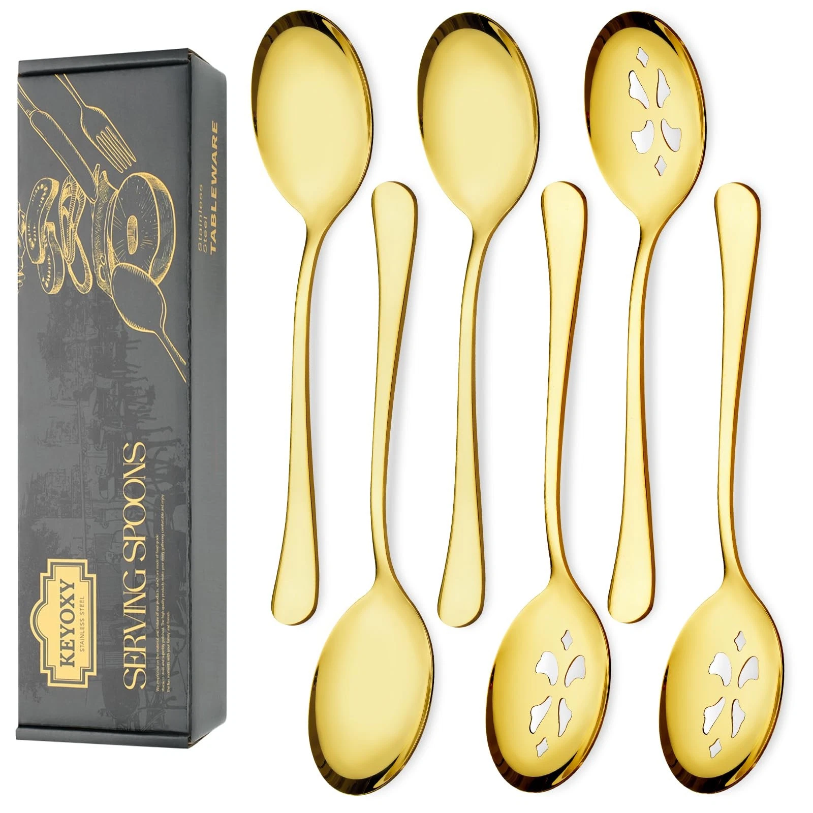 6 Piece Stainless Steel Serving Spoon Set - 3 Large, 3 Slotted,Dishwasher Saf...