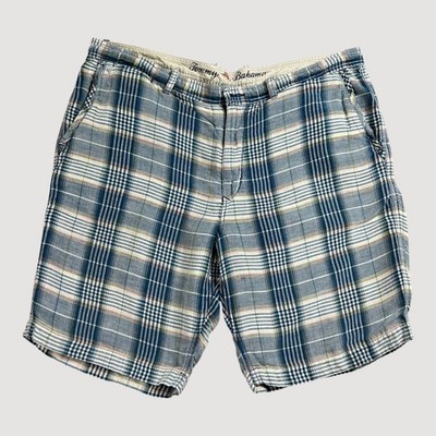 Tommy Bahama Shorts Mens 38 Blue Plaid Linen Blend 9'' Preppy Resort Casual