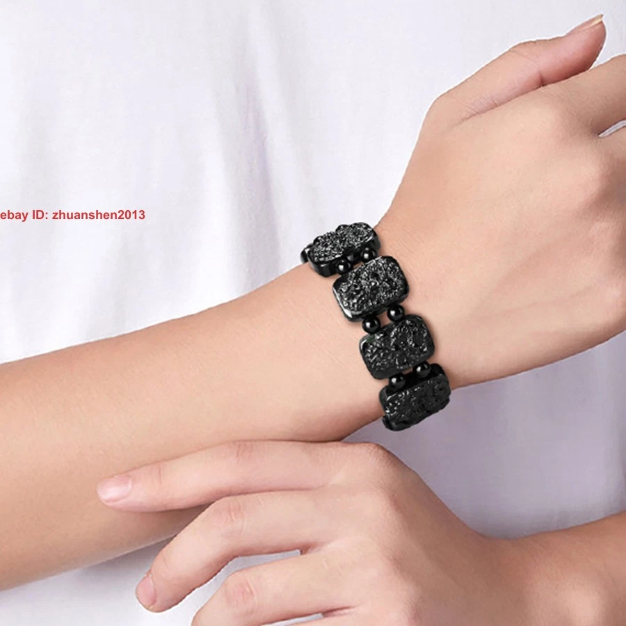 Brazalete de la suerte dragón tallado jadeíta grado A natural negro certificado Foto 2 de 4