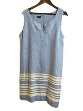 Talbots Linen Sleeveless Dress Size 14 Blue White Stripe Knee Length