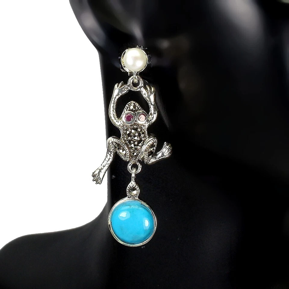 Orecchini in Argento Sterling 925 Stabilizzato Turchese Perla Rubino... - Immagine 2 di 4