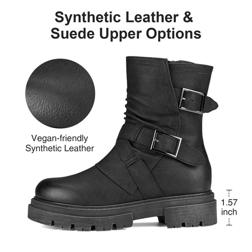 SUEDI Women Motorcycle Boots Double Strap Biker Boot Platform Zipper Combat Boot - Picture 24 of 51