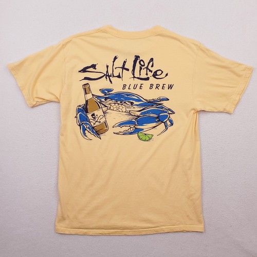 Salt Life Shirt Mens Medium Yellow Blue Crab Brew Beer Outdoor Beach