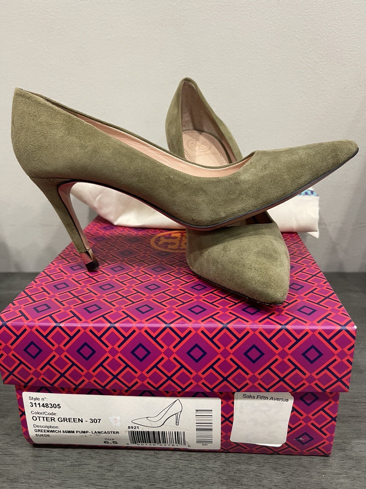TORY BURCH OTTER GREEN GREENWICH SUEDE PUMP LANC 85 MM SIZE 6.5 STYLE 31148305-image